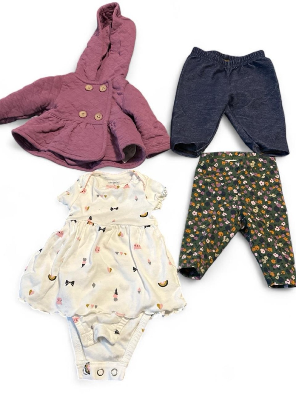 Newborn Baby Girl 4-Piece Outfit Set - Plum Hooded Jacket & Floral Leggings